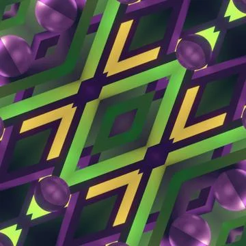 Kaleidoscopic 3D pattern with purple spheres on green 库存插图