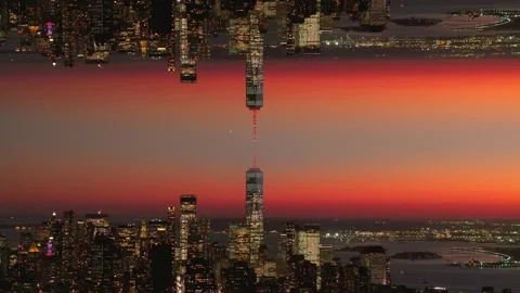 Kaleidoscopic aerial mirror effect of New York City skyline at sunset revealing Stock Footage 335249010