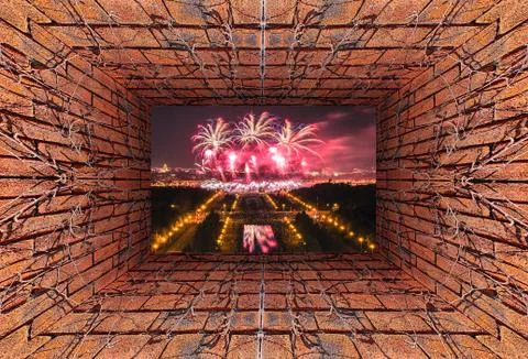 Kaleidoscopic gradient 3D view of old tunnel with brick wall 스톡 사진