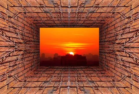 Kaleidoscopic gradient 3D view of old tunnel with brick wall Stock Photos