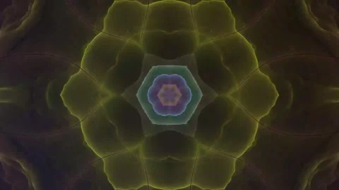 Kaleidoscopic hexagonal pattern with yellow and purple hues a mesmerizing Stockbeeldmateriaal 335344712