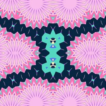 Kaleidoscopic ornamental pattern in lemon chiffon, aquamarine, bubblegum, amethy Stock Illustration