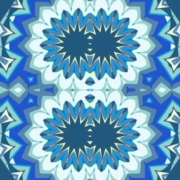 Kaleidoscopic ornamental pattern rendered in lemon chiffon, misty aqua, steel bl Stock Illustration