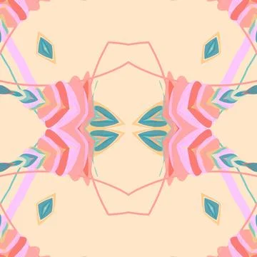 Kaleidoscopic ornamental pattern rendered in pink coral, apricot, cream puff, ma Stock Illustration