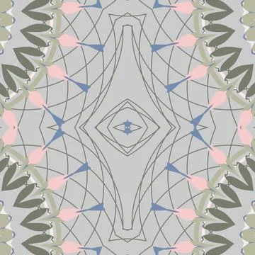 Kaleidoscopic ornamental pattern with snow, light gray, sage, olive, pale pink, Stock Illustration
