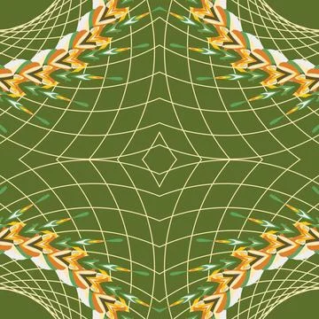 Kaleidoscopic ornamental pattern in soft grey, parchment, burnt orange, moss gre Stock Illustration