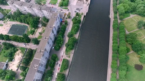 Kaliningrad. Stone Bed on River Channel. Bridge Over Water. Green Park on Bank Stock Footage 73836053