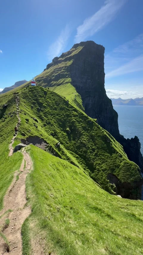 Kallur Lighthouse on the edge of a cliff on Kalsoy Island, Faroe Islands Stock Footage 331271355