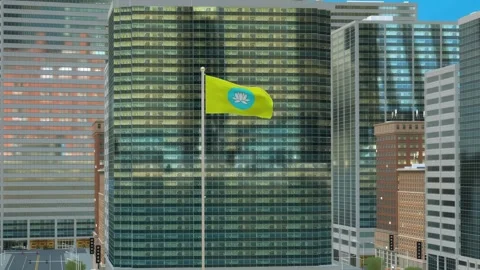 Kalmykia Flag 3D Render Animation on Pole with Modern Business District Buil Stock-Footage 332880972