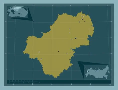 Kaluga, Russia. Solid color shape. Locations of major cities of the region Illustrazione stock