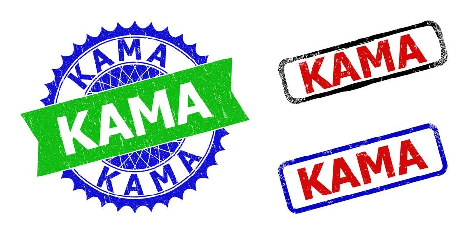 KAMA Rosette and Rectangle Bicolor Badges with Corroded Surfaces Stock Illustration