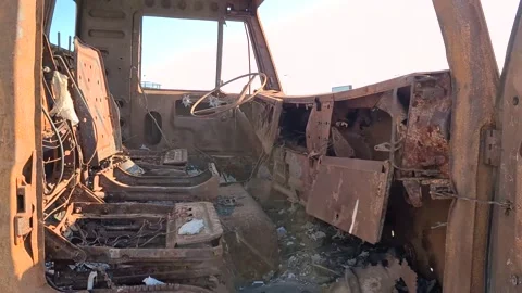 KamAZ 5511 Self-unloading machine truck interior, destroyed Stock Footage 152558965