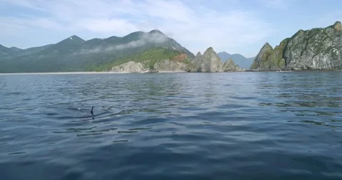 Kamchatka peninsula rocky landscape with cliffs hanging above clean water Video stock 291624228