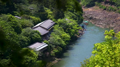 Kameyama Park Observation View of Hozu River Boat - Kyoto, Japan Stock Footage 336830288