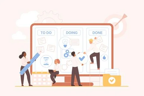 Kanban board online, interactive system to plan project, people place stickers 스톡 일러스트