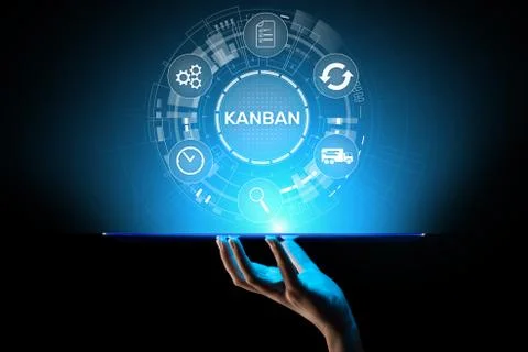 Kanban work flow process management system concept on virtual screen. Stock Photos