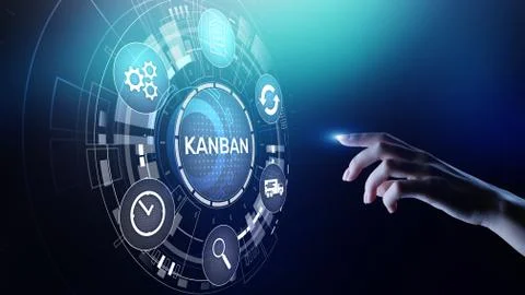 Kanban work flow process management system concept on virtual screen. Stock Photos