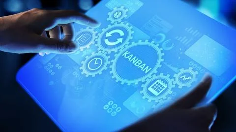 Kanban work flow process management system concept on virtual screen. Stock Photos