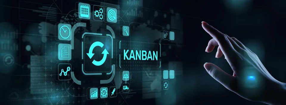 Kanban work flow process management system concept on virtual screen. Stock Photos