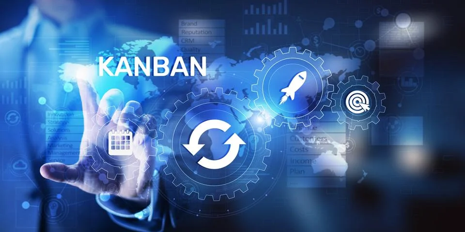 Kanban work flow process management system concept on virtual screen. 写真素材