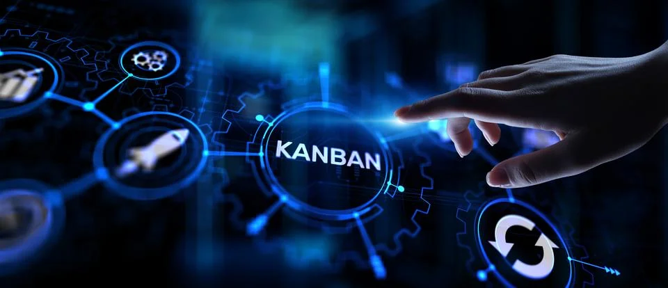 Kanban work flow process management system concept on virtual screen. Stock Photos