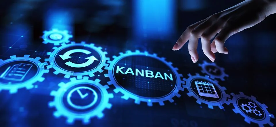 Kanban work flow process management system concept on virtual screen. 스톡 사진