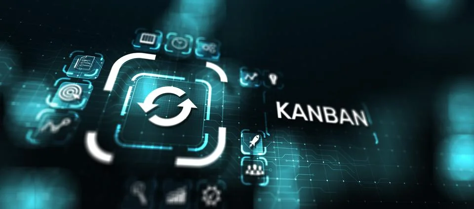 Kanban work flow process management system concept on virtual screen. Stock-Fotos