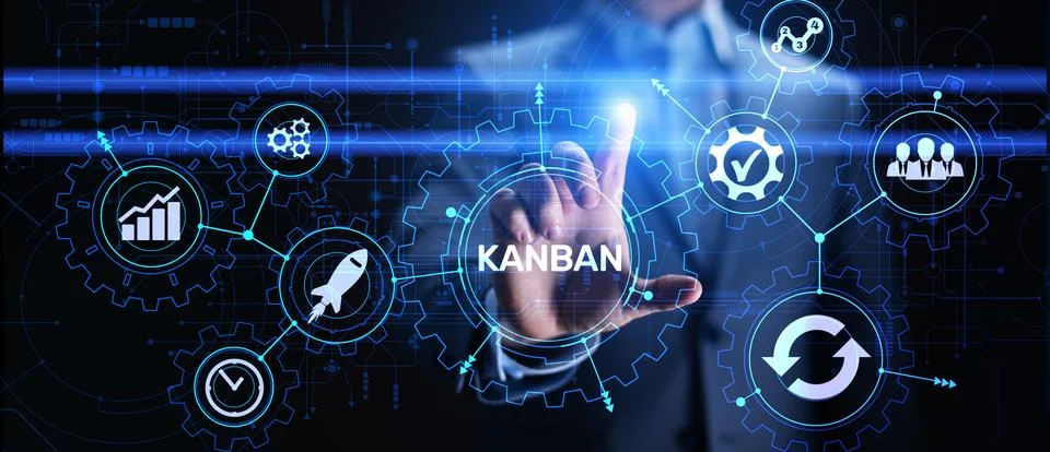 Kanban work flow process management system concept on virtual screen. Stock-Fotos
