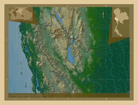 Kanchanaburi, Thailand. Colored elevation map with lakes and rivers イラスト素材