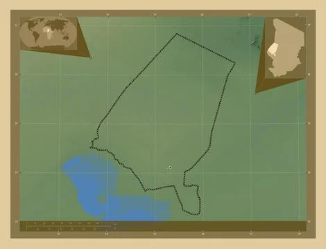 Kanem, Chad. Colored elevation map with lakes and rivers Illustrazione stock