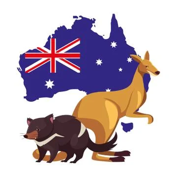 Kangaroo and tasmanian devil with map of australia in the background Illustrazione stock
