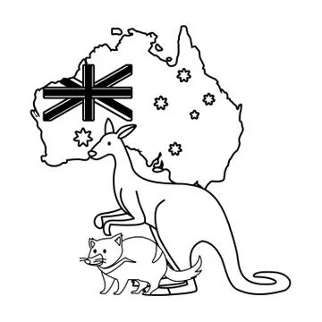 Kangaroo and tasmanian devil with map of australia in the background Stock Illustration