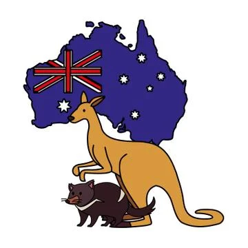 Kangaroo and tasmanian devil with map of australia in the background Stockillustratie