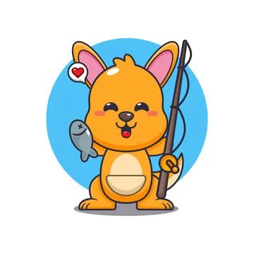Kangaroo cartoon vector illustration catching fish with fishing rod. Stock Illustration