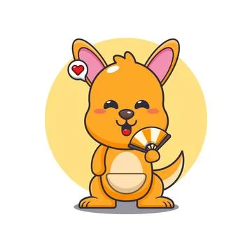 Kangaroo cartoon vector illustration with hand fan. Stock Illustration