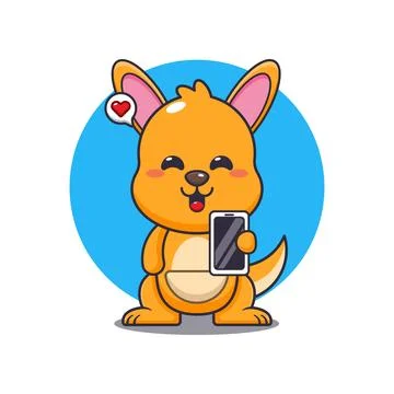 Kangaroo cartoon vector illustration with mobile phone Stock Illustration