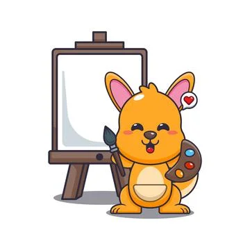 Kangaroo cartoon vector illustration wants to paint on canvas. Stock Illustration
