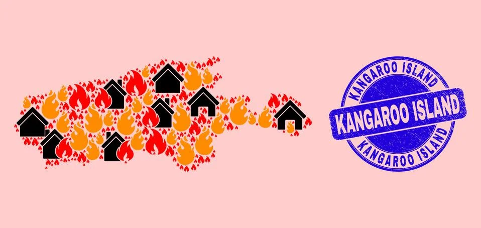 Kangaroo Island Map Collage of Fire and Houses and Textured Kangaroo Island Seal Ilustração Stock