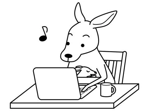 Kangaroo raising a child looking at a computer. Black and white line drawing. Stock Illustration