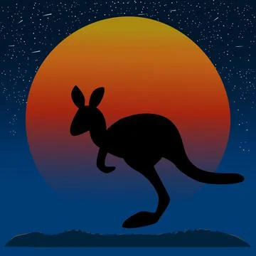 Kangaroo silhouette at sunset background. Stock Illustration
