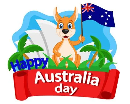 Kangaroo waving a flag on the background of the Opera. Australia day Stock Illustration