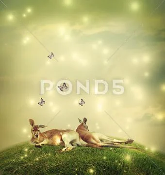 Kangaroos in a fantasy landscape Stock Illustration