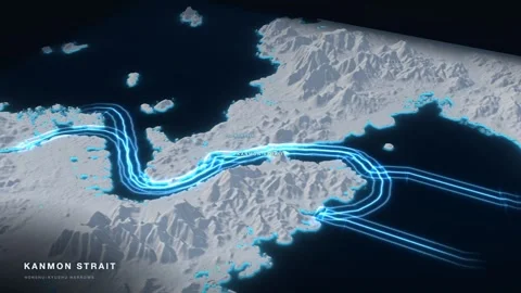 Kanmon Strait 3D White Terrain Relief Map With Glowing Shipping Route Stock-Footage 343540107