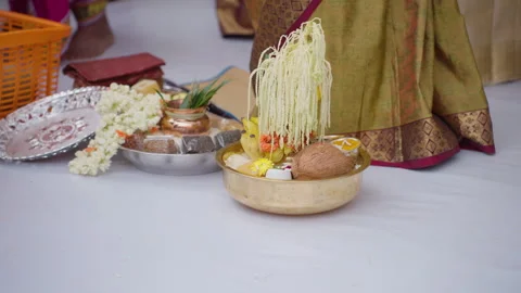 Kannada Wedding Ritual Items in Brass Plate on White Floor Stock Footage 345942446