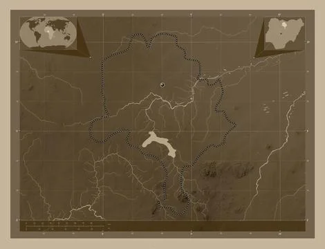 Kano, Nigeria. Elevation map colored in sepia tones with lakes and rivers イラスト素材