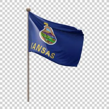 Kansas 3d illustration flag on pole. Wood flagpole Stock Illustration