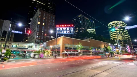 Kansas City Power and Light District Street Scene Night Timelapse Stock Footage