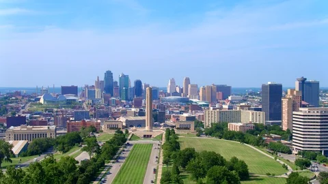 Kansas City World War I Memorial, City Skyline 4K Aerial Drone Stock Footage