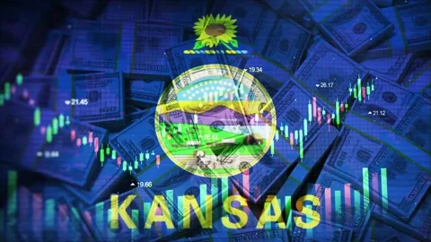 Kansas Flag on Economic Background With Decrease Bar Chart Graph And Arrow Stock Footage 320971288