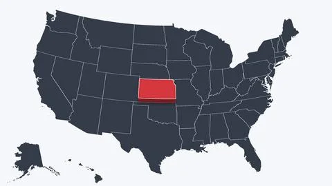 Kansas Highlighted Raised in 3D on US Election Map Red Fill Scheme, White Stock Illustration